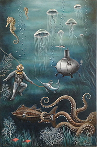 peinture sur thème jules Verne , Nautilius, les fonds du lac de la Gruyères