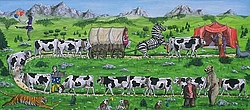 quelques vaches parmi un cirque animé de funambules et de bêtes sauvages
