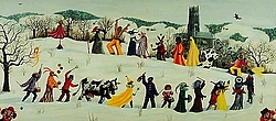 notre carnaval en hiver, sous la neige, avec la cathédrale de fribourg vue depuis la Singine