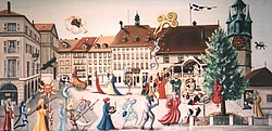 assemblage de la poya et le tarot devant l hôtel de ville de Fribourg avec son fameux tilleul