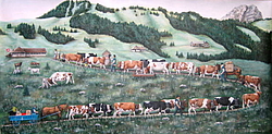 poya traditionnelle , les vaches ici représentées appartiennent toutes au même paysan,comme décors le Moléson