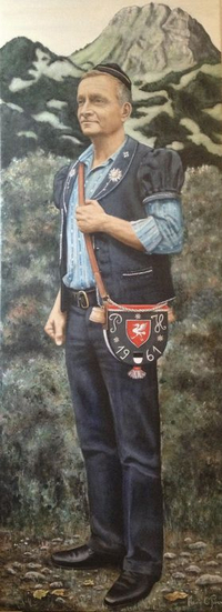 portrait de Pascal Hasler,en armailli devant le Moléson, tenancier du café du Midi, rue de Romont à Fribourg