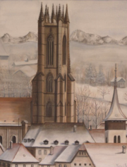 la cathédrale de Fribourg en hiver sous la neige, avec Bourguillon comme arrière-fond
