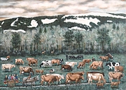 la Berra et le Cousimbert sous la neige avec son troupeau de vache jersiaise