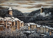 Fribourg en hiver, maisons, artiste, peintre, Suisse